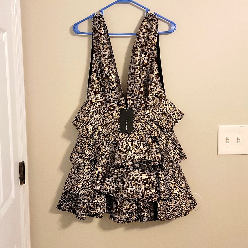 Black/Gold Shimmering Ruffle Cocktail Dress